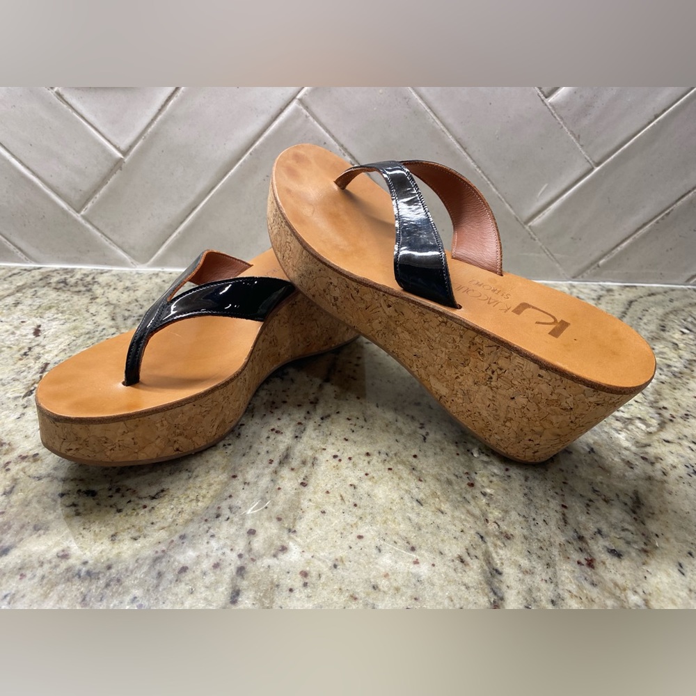 K Jacques Saint-Tropez Black Patent Cork Wedge
